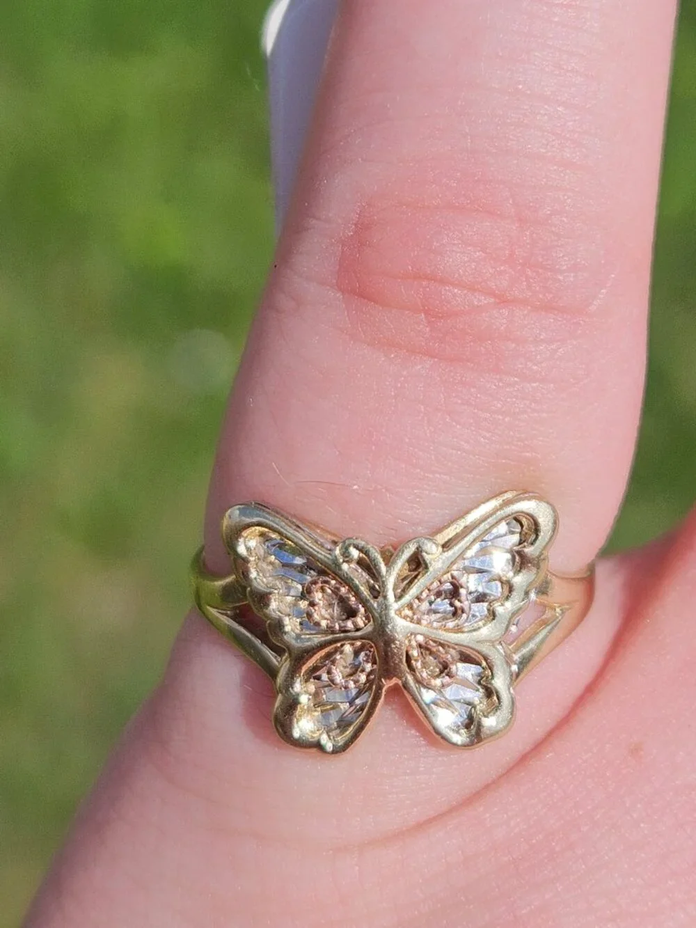 10K Tri Color 3 Tone Gold Butterfly Filigree Cocktail Ring 20x11mm Size 6.25